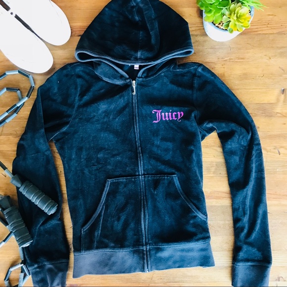 Juicy Couture Tops - Juicy Couture Black Velour Hoodie Track Jacket L